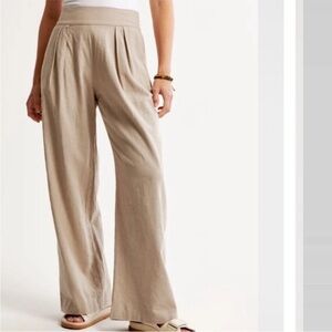Abercrombie Wide Leg Pull On Linen Pants Cream Beige Medium